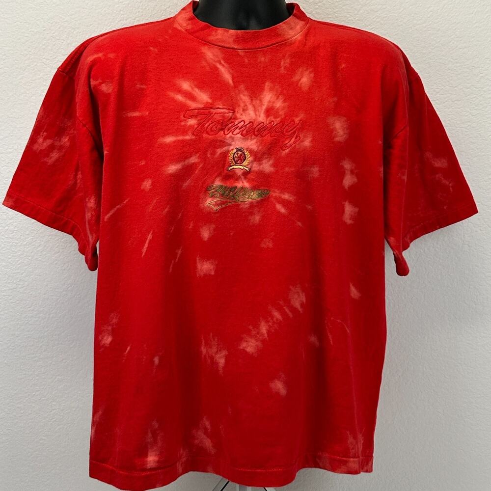 Vintage 90s Tommy Hilfiger T Shirt XL X-Large Embroidered USA Made Tie Dye Red